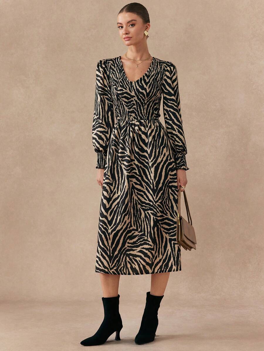 Chiquease Robe décontractée à manches lanternes à imprimé zébré pour femmes, automne - Multicolore - Voir 1