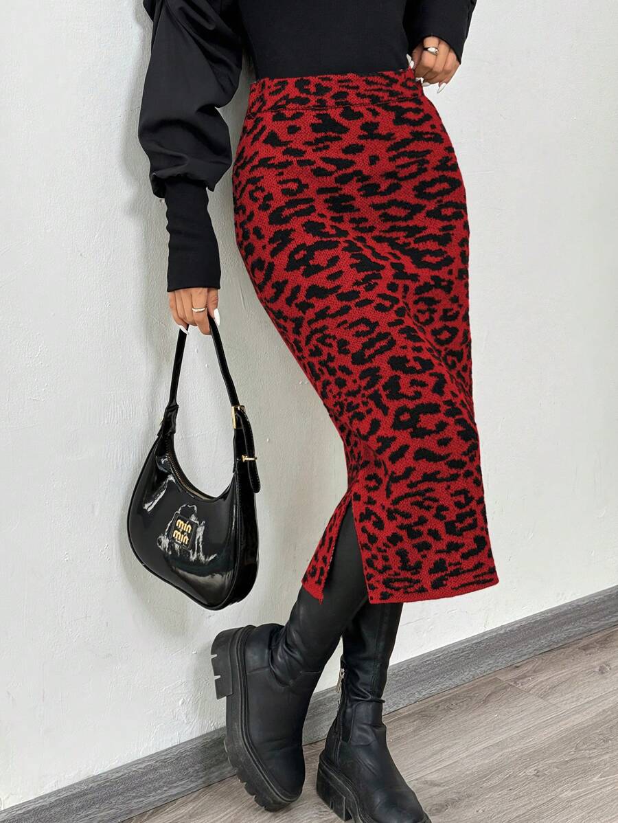 SHEIN Clasi 女士时尚豹纹开叉休闲裙 - 彩色 - 查看 1