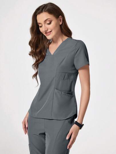 TaskEZ 纯色 V 领短袖口袋简约手术服制服上衣手术服上衣