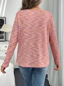 SHEIN LUNE Half-Placket Buttoned Batwing T-Shirt With Waffle Texture Fall Cloth For Women - Hot Pink - View 2