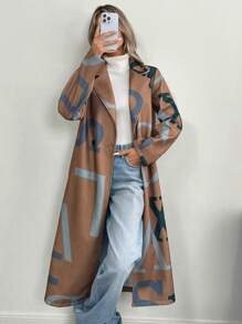SHEIN LUNE Women Letter Pattern Lapel Collar Long Sleeve Longline Casual Overcoat, Autumn/Winter