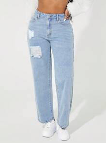 SHEIN SXY Women Button Front Pocket Distressed Casual Denim Jeans, Everyday Wear