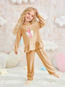 2pcs/Set Young Girl Khaki Minimalist Rabbit Embroidery Long Sleeve Top & Pants, Casual Homewear Set - Brown - View 7