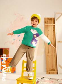 SHEIN 年轻男孩动物图案细节简约圆领长袖休闲毛衣 - 綠色 - 查看 15