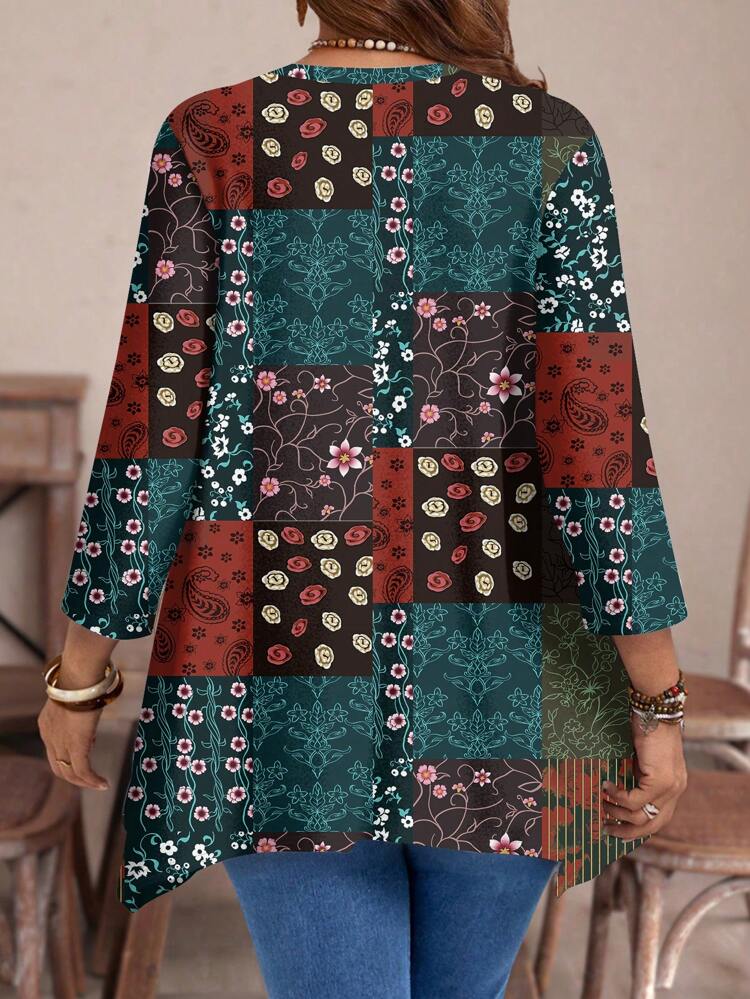 Plus Size Women Retro Floral Plaid Pattern Casual Asymmetrical Hem Round Neck Loose 3/4 Sleeve T-Shirt, Suitable For ,Spring