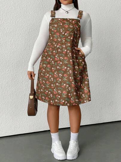 SHEIN EZwear Plus Size Women's Casual Ditsy Floral Corduroy Sleeveless Dress, Autumn/Winter