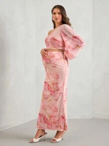 MaterniChic Maternity Elegant Marble Print Asymmetrical Neck Top & Skirt, Party & Wedding