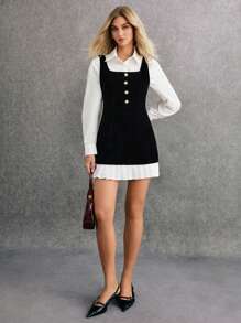 Poéselle Mini Black Dress, Pleated Patchwork Dress, 2 In 1 Dress, Decorated With Faux Pearl Buttons, New Year Eve Dress,Fall Women Dresses,Elegant And Playful,Women Contrast Color Button Design Patchwork Pleated Hem Elegant Suspender Short Dress,Suitable For Everyday, Out Of The Street, Dating, Vacation, Commuting And Other Occasions To Wear - Black - View 2