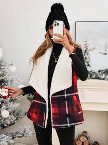 SHEIN LUNE Christmas Red Plaid Flannel Padded Vest For Women, Winter Christmas Outfits Christmas Vacation Teddy Coat Thanksgiving Outfit Holiday Outfits New Years Outfit