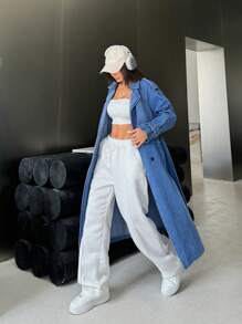 SHEIN EZwear Women's Casual Long Sleeve Mid-Length Blue Denim Jacket - Blue - View 3