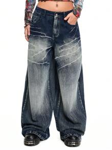 ROMWE Grunge Punk Quần Jeans Boy Friend Lưng Thấp Cỡ Lớn, Rộng Rãi, Đã Giặt Cho Nữ - Màu xanh lam - Xem 5