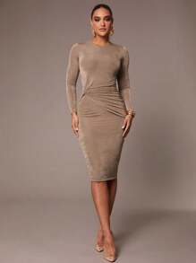 Silquee Vestido de manga larga con cuello redondo de tela elástica de doble capa de alta calidad con diseño de giro caqui para mujer, adecuado para el uso diario, puede usarse dentro o fuera, apto para Acción de Gracias, Navidad, Año Nuevo - Caqui - Ver 6