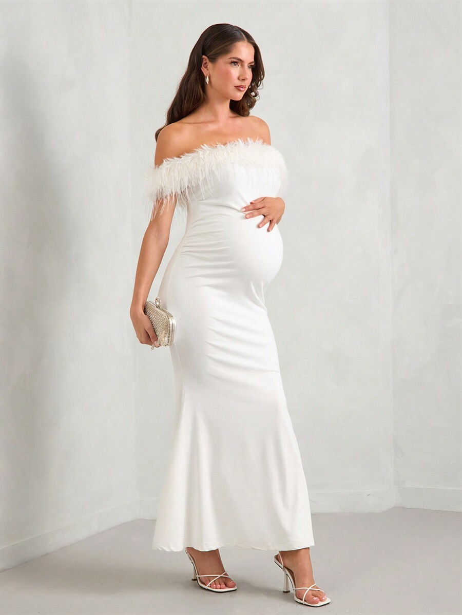 SHEIN MaterniChic Chic Elegant Off Shoulder Slim Fit Maternity Long