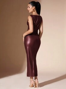 SHEIN BAE 女士无袖 PU 皮革修身长裙 - 酒紅色 - 查看 2