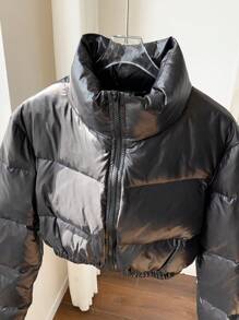 SHEIN EZwear Plain Zippered Long Sleeve Cropped Minimalist Casual Top