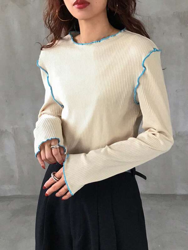 FRIFUL Women's Color Block Ribbed Crew Neck Long Sleeve T-Shirt