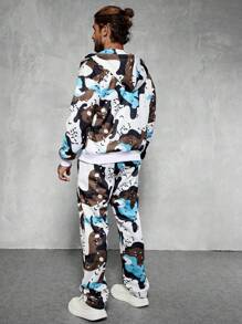 Manfinity LEGND Camouflage Print Zip-Up Hoodie And Pockets Sweatpants Set For Men - Multicolor - View 2
