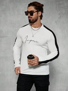 Manfinity Homme Áo thun nam cổ tròn tay dài in chữ màu trơn, họa tiết chắp vá nhiều màu, quà tặng bạn trai - Đen và trắng - Xem 6