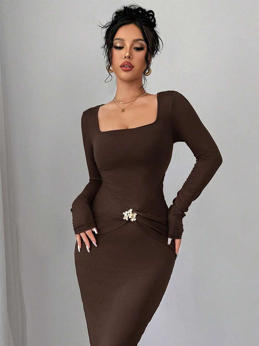 Firerie 女士方领花卉装饰长袖连衣裙