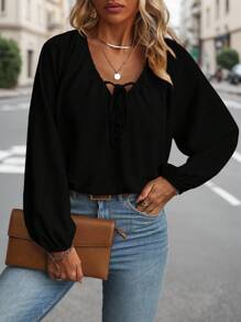 Women's Plus Size Fashion Solid Color Long Sleeve Shirt Fall Cloth For Women - Black - View 4