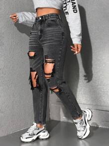 SHEIN EZwear Women's Fashionable Distressed Fitted Denim Jeans - Black - View 6