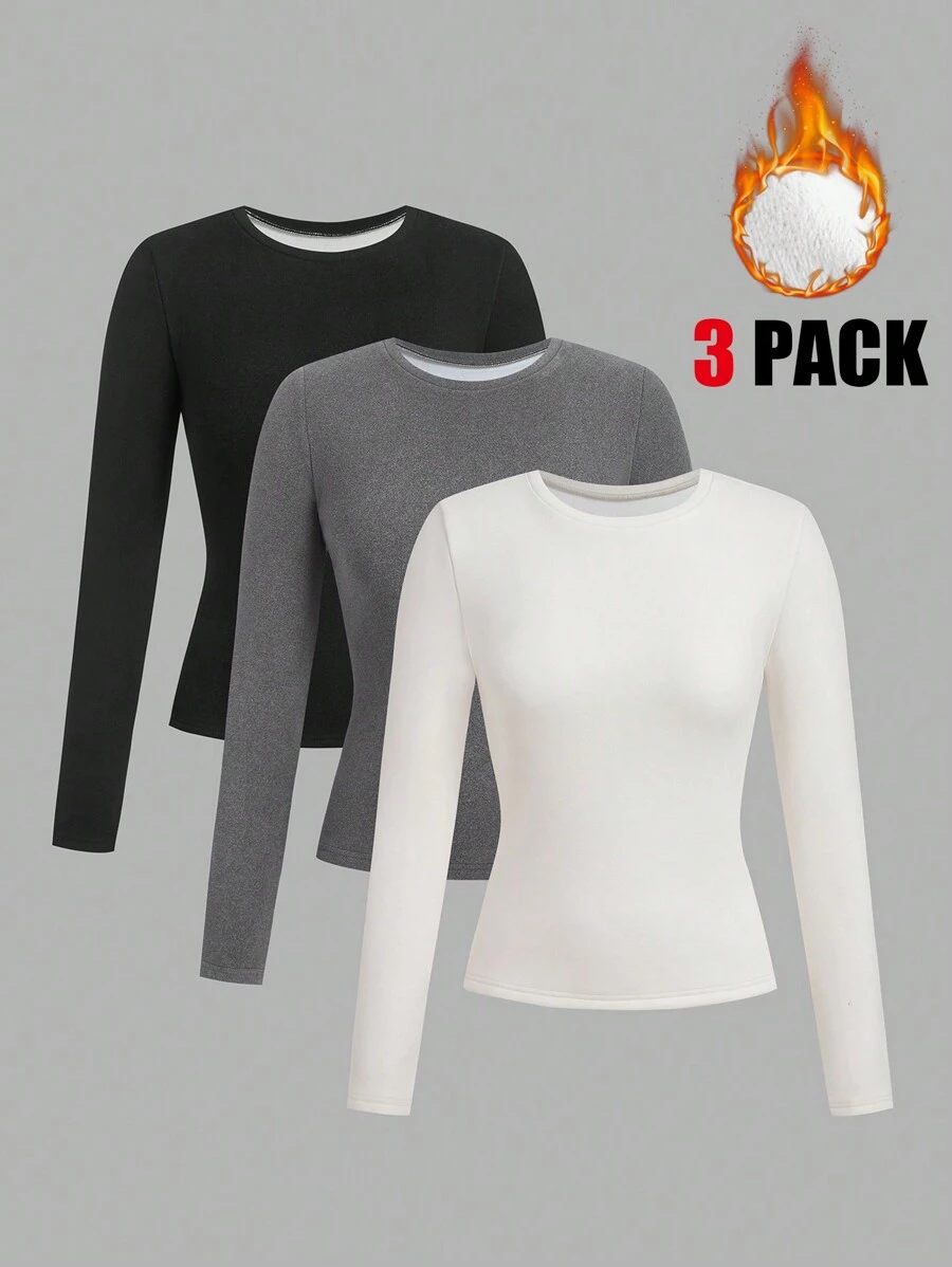 SHEIN EZwear 3 件装 保暖内衬长袖紧身 T 恤，秋冬款 - 黑與白 - 查看 1