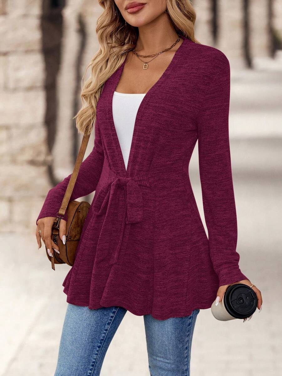EMERY ROSE Chaqueta casual de mujer de unicolor simple con nudo retorcido en la cintura, de otoño - Burdeos - Ver 1