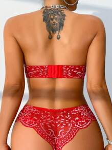 Balconette Removable Strap Women Lingerie Set, Romantic French Lace Patchwork Bandeau/2-In-1 Bra - Red - View 2