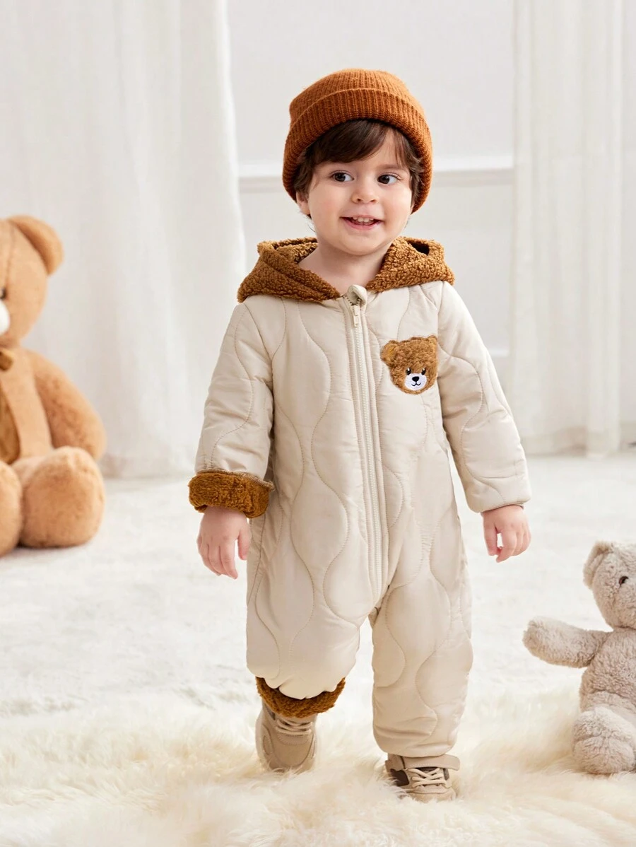 SHEIN Newborn Baby Boy/Girl Brown Winter Cute Date Jumpsuit,Fun Style Drop Shoulder Loose Bear Ear Hooded,Warm Thermal Lined For Autumn & Winter Indoor - Apricot - View 1