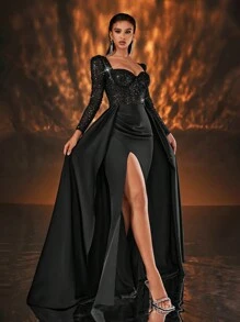 Glamrae Elegant Luxurious Sequin Patchwork Satin Sheer Long Sleeve Front Bust Cup Fish Bone Fishtail Side High Slit Back Floor Length Draped Formal Gown, Prom Evening Dress, Party Dress, For Wedding Guest, Graduation, Dinner - Black - View 7
