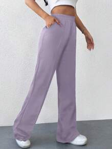 EURMUSE 100%Cotton Women's Casual Solid Color Flared Sweatpants - Lilac Purple - View 4
