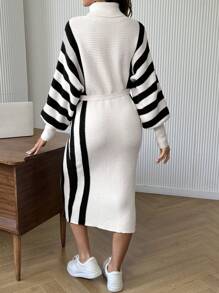 SHEIN Maternity Turtleneck Striped Batwing Long Sleeve Sweater Dress, Fashionable For Autumn/Winter - Multicolor - View 2