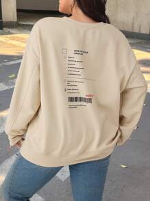 Mulvari Plus Size Casual Slogan Print Drop Shoulder Loose Sweatshirt, Autumn/Winter - Khaki - View 1