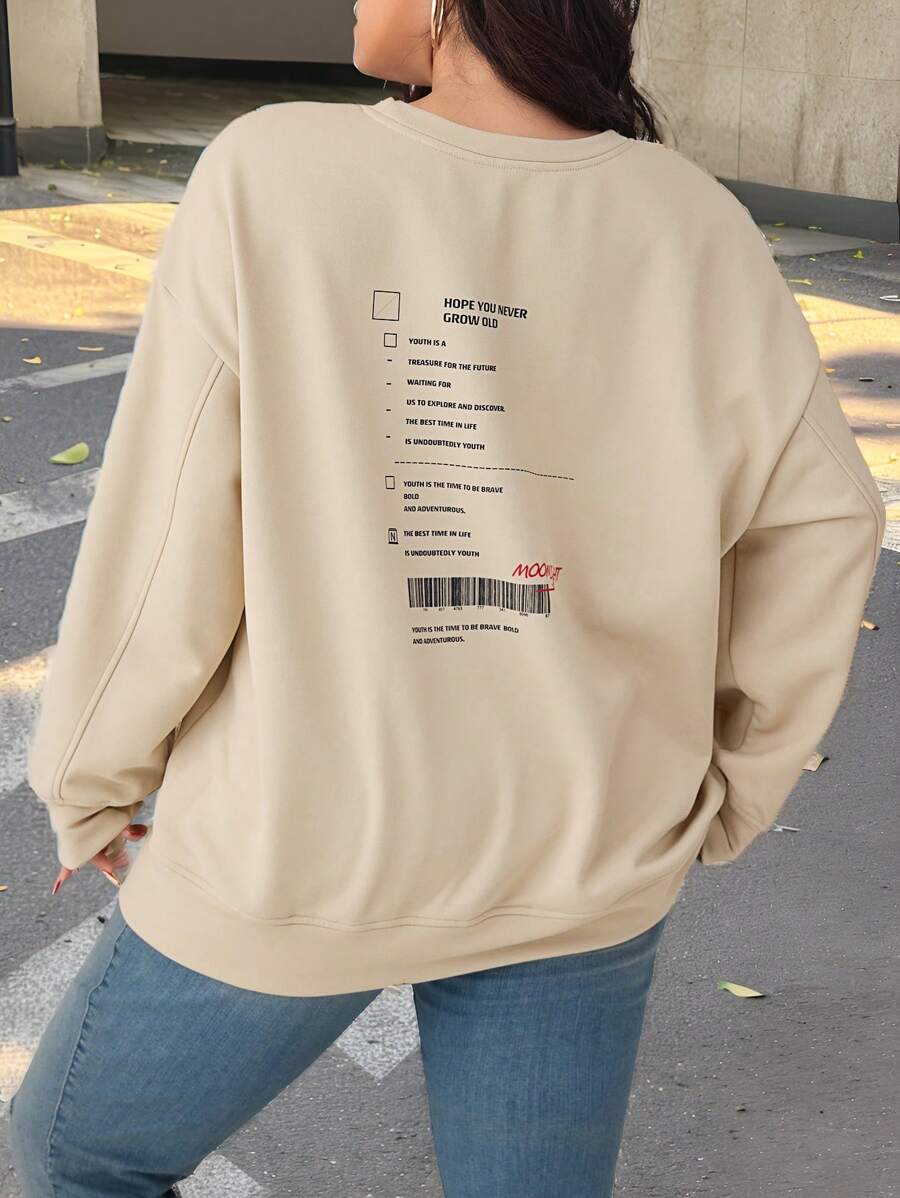 Mulvari Plus Size Casual Slogan Print Drop Shoulder Loose Sweatshirt, Autumn/Winter - Khaki - View 1