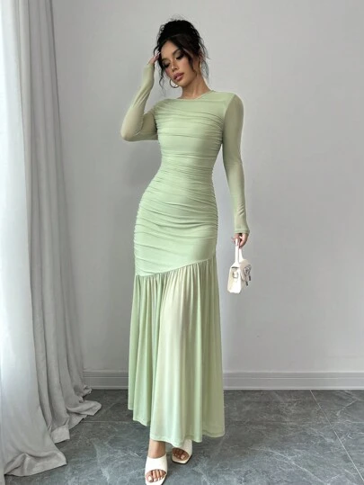 Firerie Women's Elegant Mint Green Esh Long Sleeve Round Neck Long Dress, Autumn Casual Dress. Evening Dress,Suitable For Autumn Clothing, Back To School Outfit, Teacher Attire,Datinig,Pastel Dresses For Women