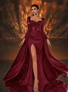 Glamrae Elegant Red Luxurious Sequin Patchwork Satin See-Through Long Sleeve Front Bra-Cup Boned Mermaid High Slit Backpiece Draped Maxi Evening Gown, Long Sleeve Formal Prom Dress, For Wedding Guest, Graduation, Dinner, Party Dress