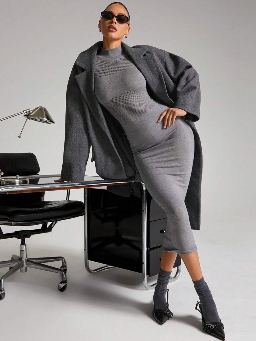 Hauture Mock Neck Bodycon Long Sleeve Dress - Dark Grey - View 1