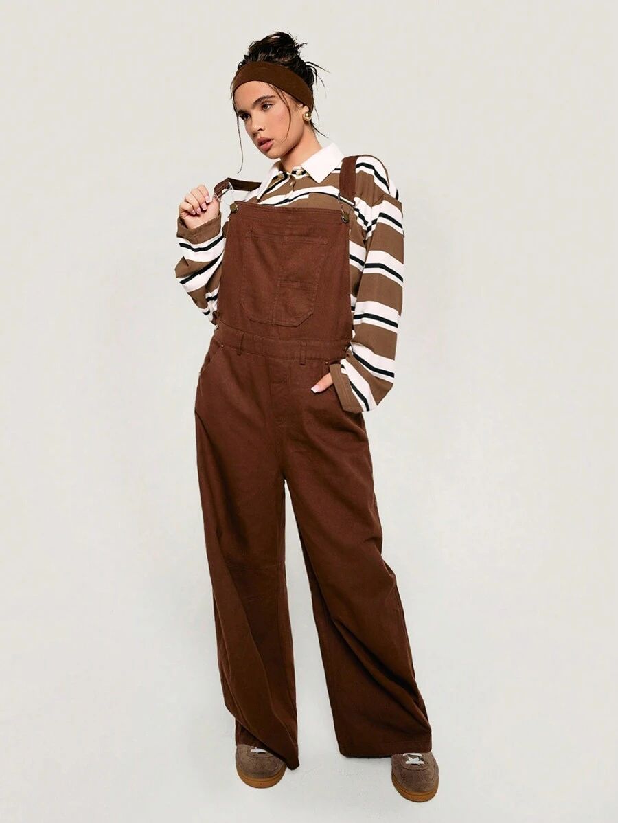 Athîral 1pc Women Casual Solid Color Patch Pocket Suspender Jumpsuit, Versatile Daily Wear - Coffee Brown - View 1