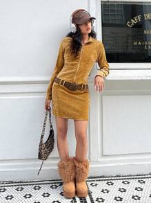 SHEIN 少女前拉链长袖简约短款休闲连衣裙 - 棕色 - 查看 2