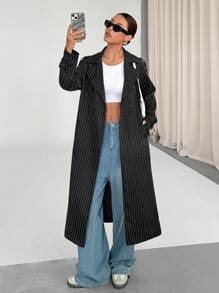 SHEIN Unity Áo khoác Trench dành cho nữ, eo bó, cổ khoét, hàng khuy đơn, tay dài, dáng ôm, phong cách giản dị, sọc dọc đen trắng, phù hợp cho mùa thu/đông - màu đen - Xem 1