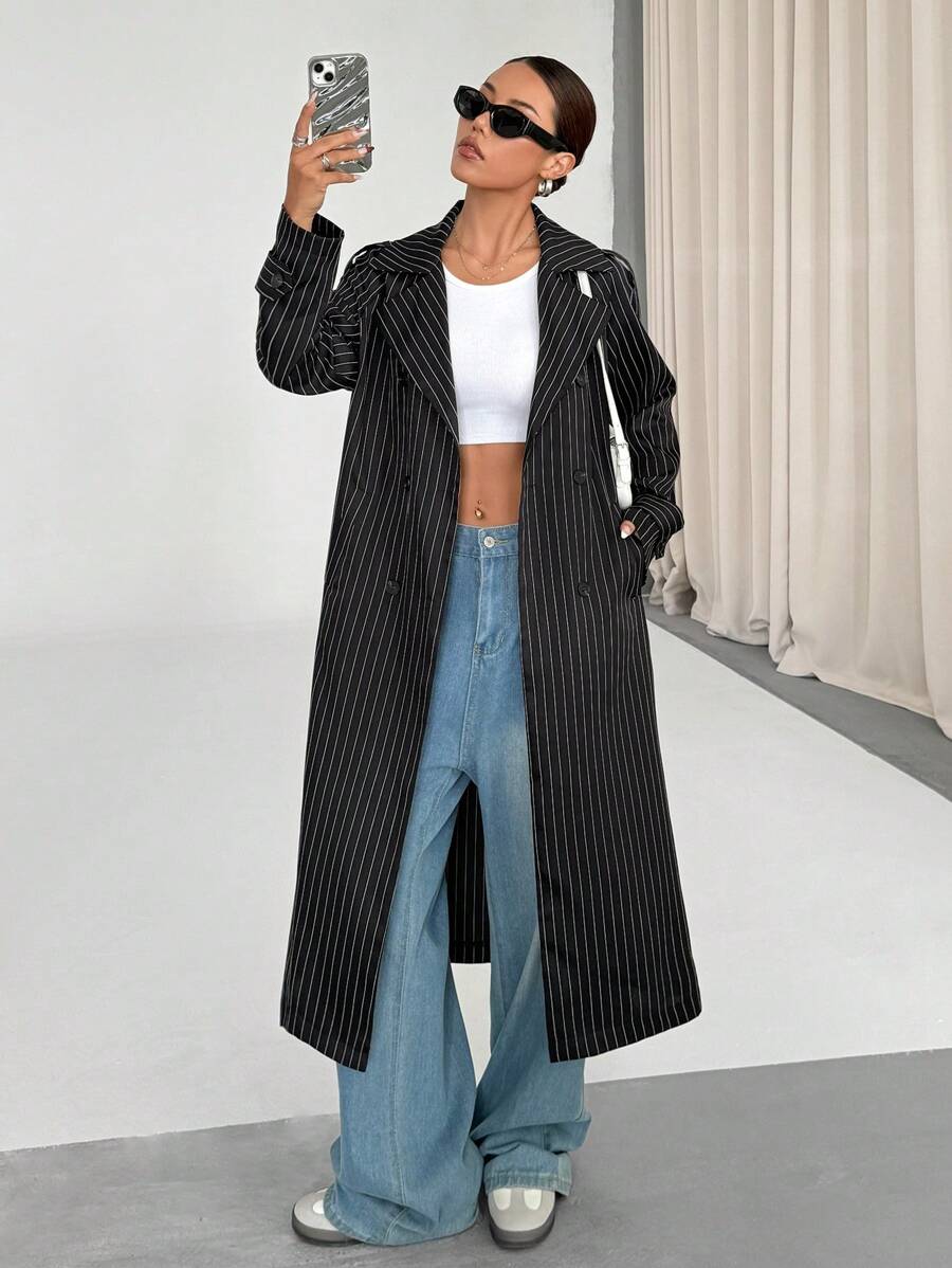 SHEIN Unity Áo khoác Trench dành cho nữ, eo bó, cổ khoét, hàng khuy đơn, tay dài, dáng ôm, phong cách giản dị, sọc dọc đen trắng, phù hợp cho mùa thu/đông - màu đen - Xem 1