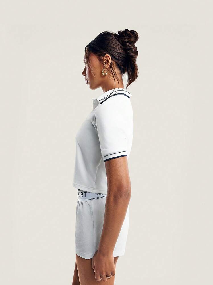 Athîral Set de 2 piezas de blusa de polo con ribete a rayas de contraste y shorts para mujer, conjunto deportivo de verano - Azul y blanco - Añade 3