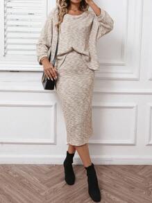 SHEIN LUNE Set de 2 piezas con top de manga larga y falda casual y cómodo, adecuado para otoño/invierno