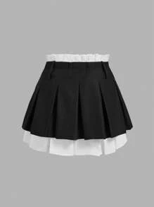 SHEIN MOD Plus Size Gray Patchwork Double-Layer Pleated Mini Skirt