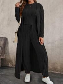 SHEIN LUNE Ensemble grande taille composé d'une veste à manches longues de couleur unie, d'un Top simple à col rond avec un nœud devant et d'un pantalon - Noir - Voir 4