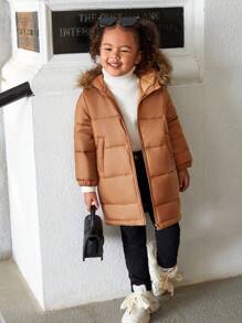 年轻女孩加厚几何印花连帽蓬松边饰休闲冬季外套 - 咖啡棕 - 查看 3