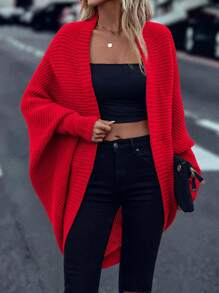 EMERY ROSE 1pc Solid Color Casual Asymmetric Hem Knitted Long Sleeve Cardigan For New Year Clothes Fall Winter Cloth For Women - Red - View 3