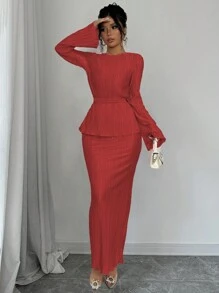 Chiquease Bộ 2 áo và chân váy cổ tròn tay dài màu trơn đơn giản cho nữ, thường ngày cho trang phục năm mới - Đỏ - Xem 4