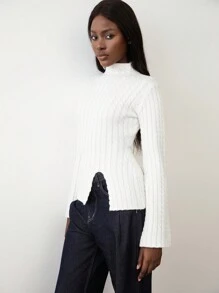 Flirla 1pc Women Stand Collar Textured Split Hem Fitted Long Sleeve Knit Sweater, Casual Autumn/Winter