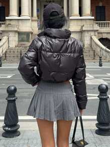 SHEIN EZwear Plain Zippered Long Sleeve Cropped Minimalist Casual Top